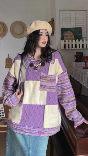雾霾紫撞色条纹毛衣女拼接设计感小众牛角扣慵懒风长袖针织衫上衣