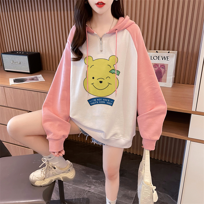 Real shot Autumn Korean version Chinese cotton hooded M-3XL 200 pounds printed loose raglan sleeves large size thin sweatshirt for women
