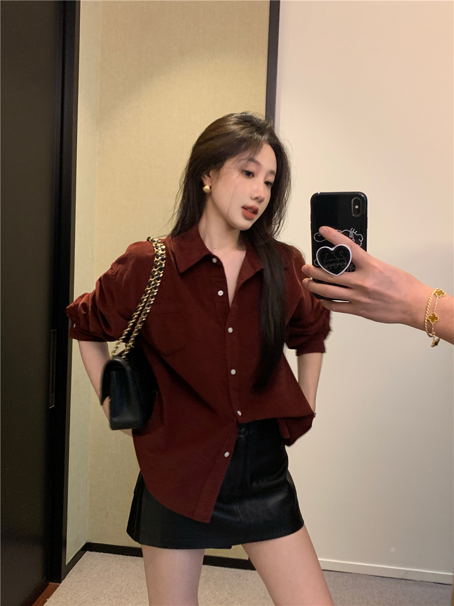 實拍  復古燈芯絨紅色襯衫女春秋寬鬆設計感上衣