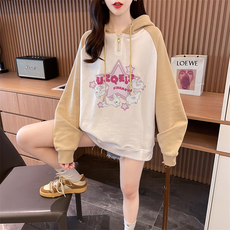 Real shot Autumn Korean version Chinese cotton hooded M-3XL 200 pounds printed loose raglan sleeves large size thin sweatshirt for women