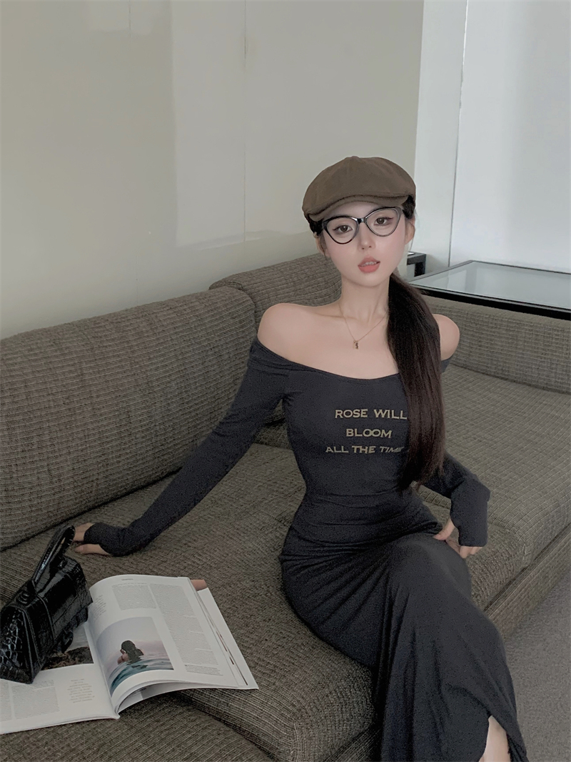 Actual shot ~ pure lust style dark gray long skirt slimming splicing straps temperament high-end dress for women