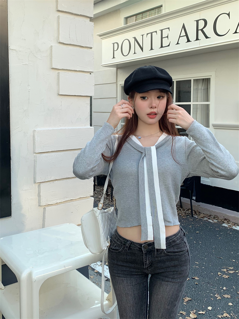 實拍純欲辣妹V領長袖T恤打底衫女性感修身顯瘦設計感小眾上衣