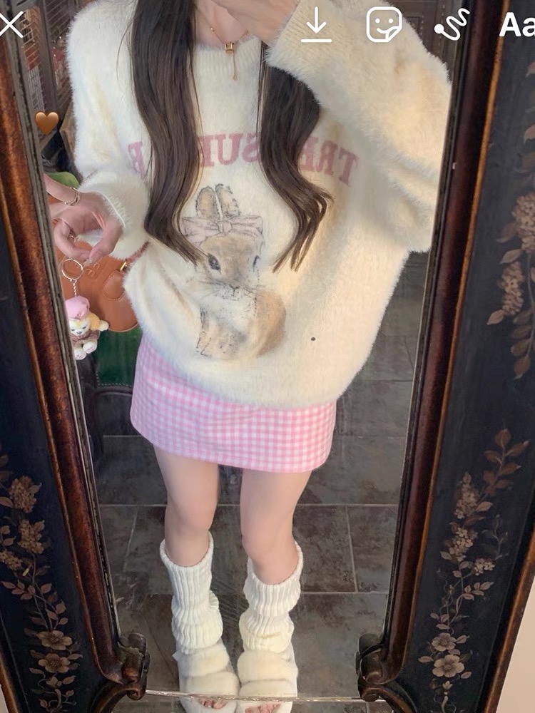 韓版甜美小兔子設計軟糯卡通漫畫水貂毛百搭毛衣上衣