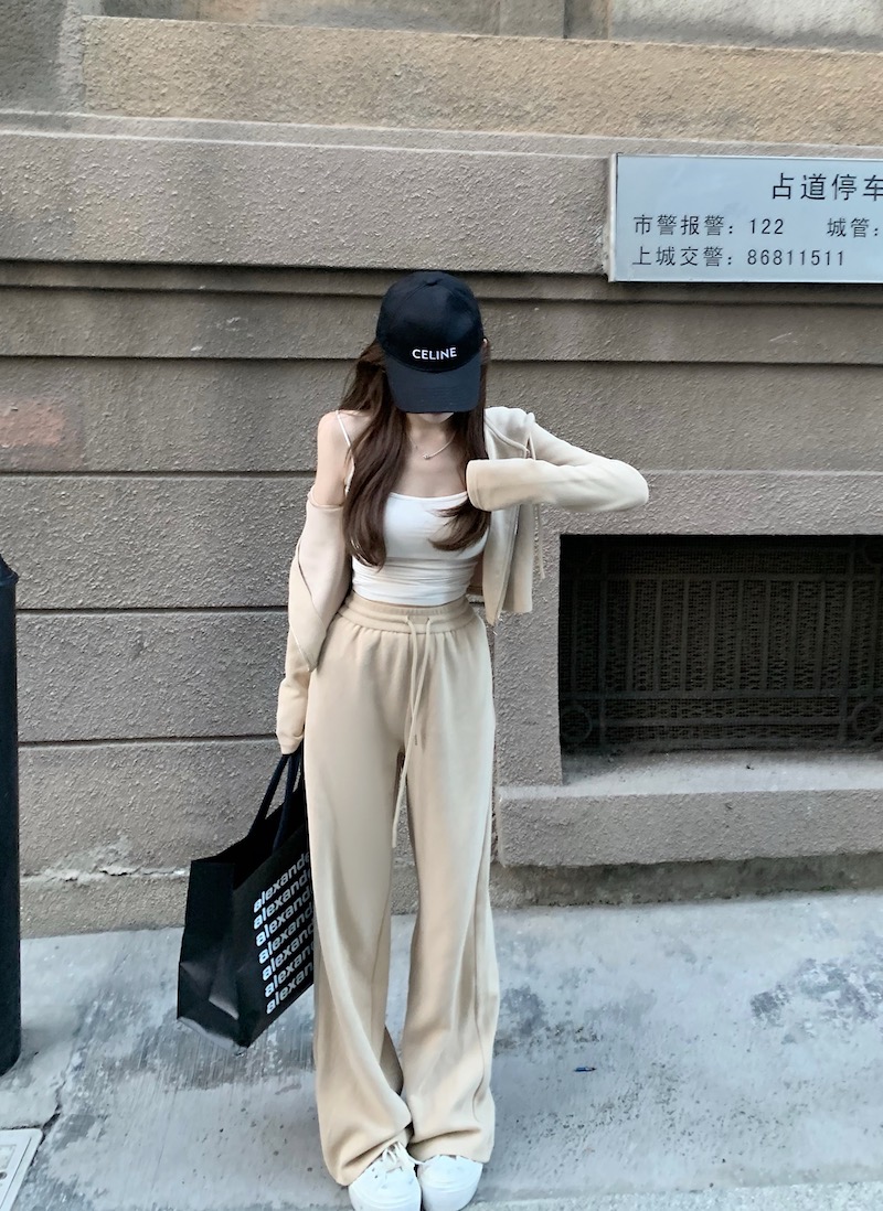 實拍 修身顯瘦短款連帽開衫衛衣外套+抽繩休閒褲+高腰包臀裙