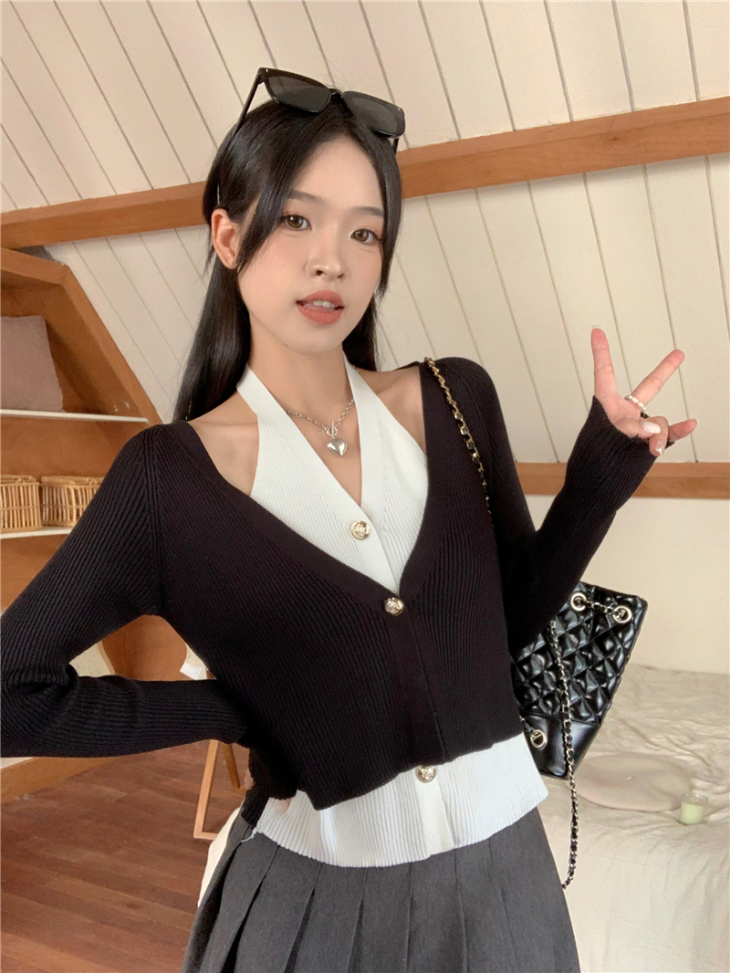 實拍 假兩件掛脖針織開衫女外搭設計感小眾修身別致撞色上衣
