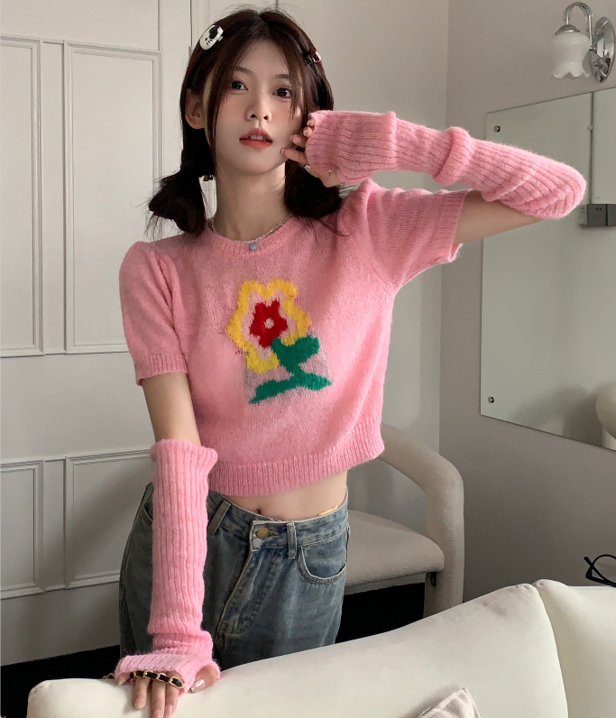 甜酷風刺繡花朵針織衫女秋季小個子顯瘦純欲甜美設計感袖套上衣