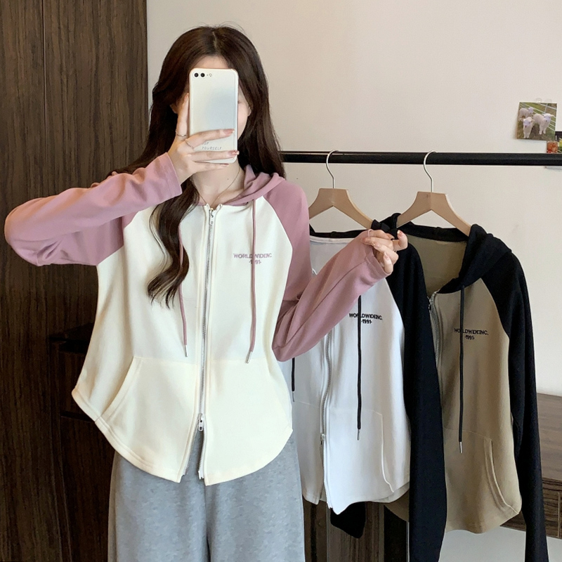 Large size raglan sweatshirt autumn hooded double zipper new American retro jacket design women's long-sleeved top