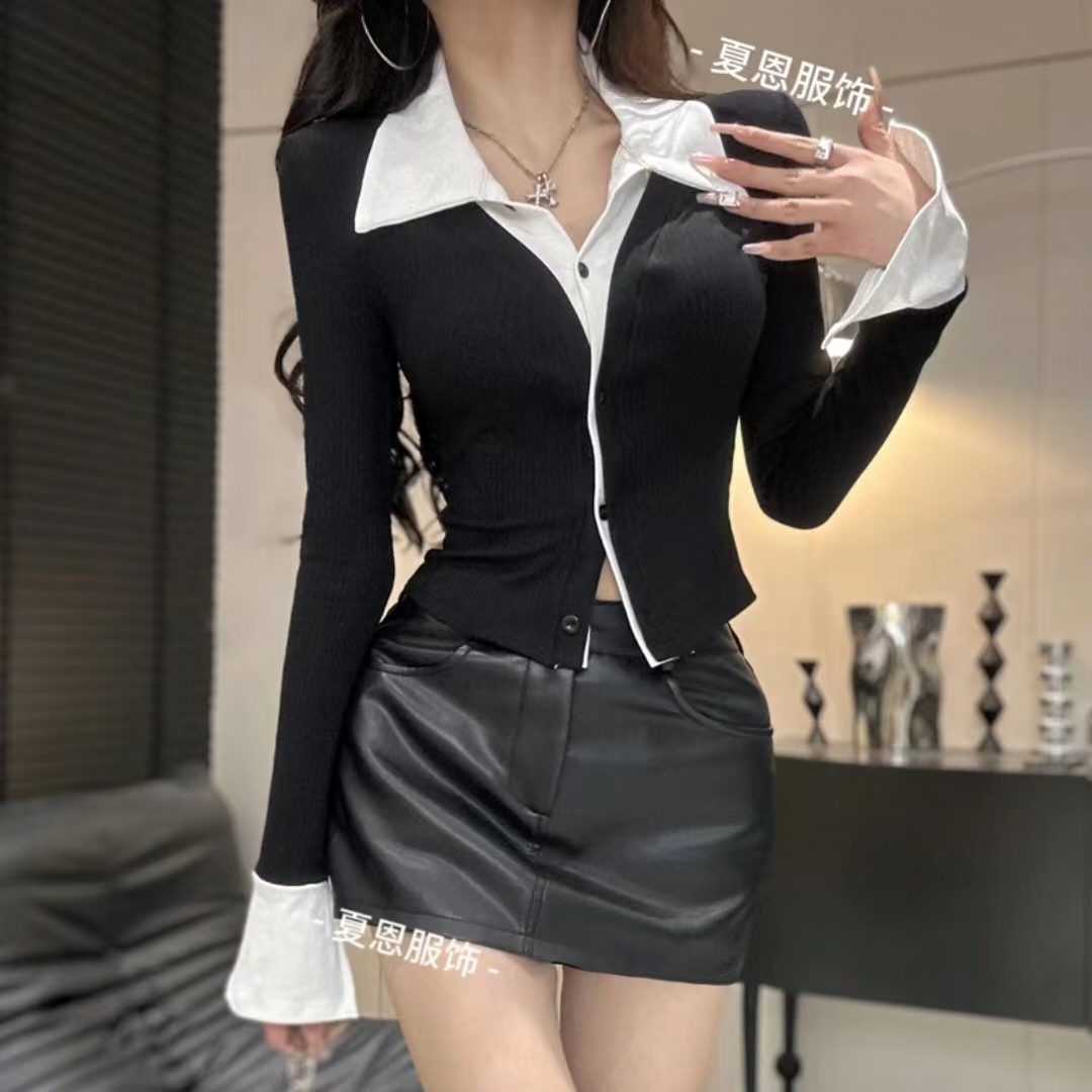 秋季新款襯衫女上衣撞色假兩件長袖修身設計感小眾短款