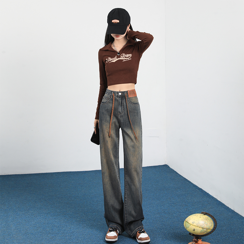 實拍2023秋冬抽繩美式復古高腰闊腿牛仔褲女