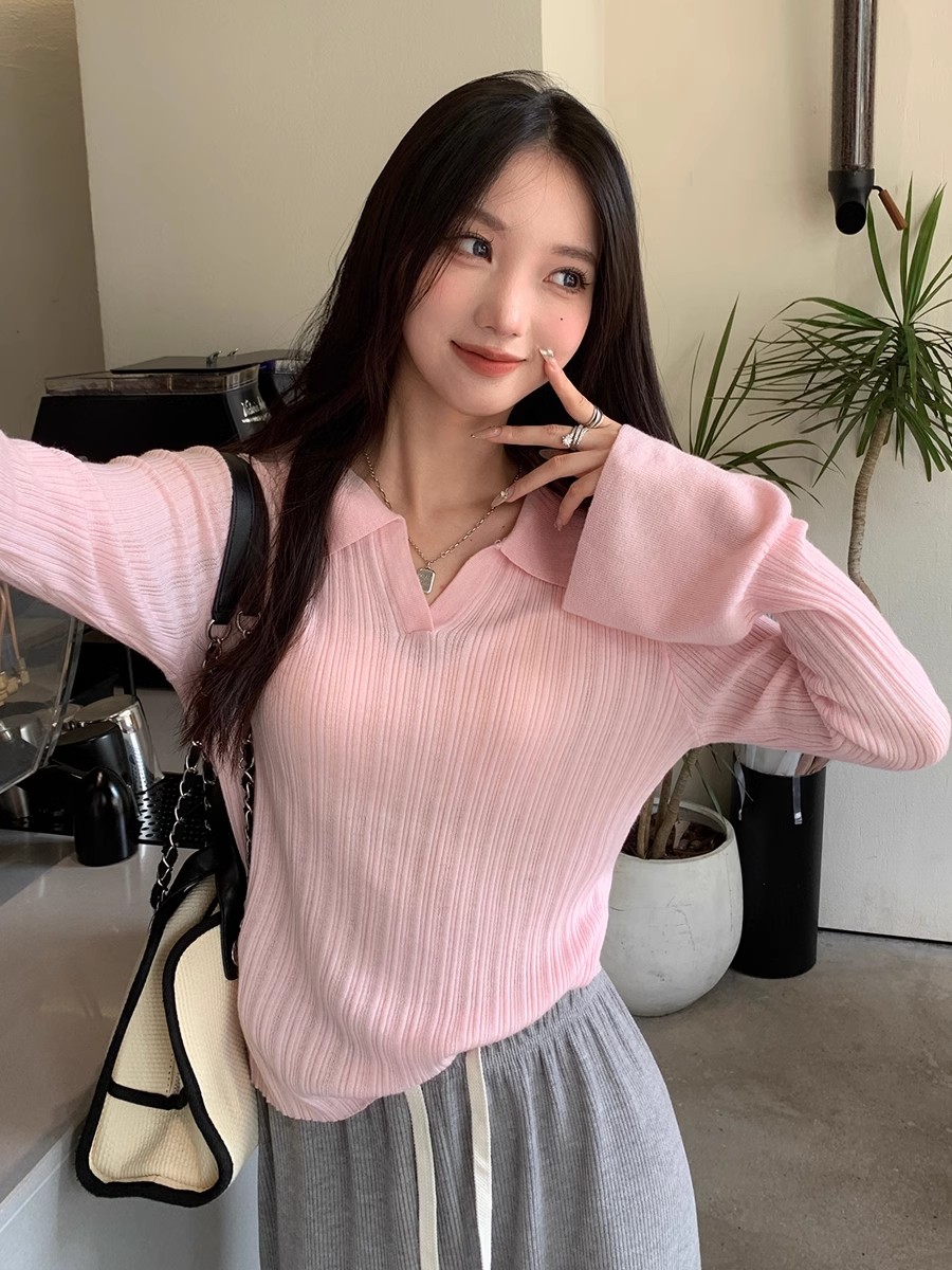 薄款針織衫2023初秋新款上衣女秋季內搭打底衫設計感小眾翻領毛衣