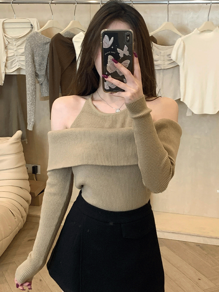 Off-shoulder halterneck long-sleeved sweater early autumn 2023 new women's clothing unique high-end popular sweater this year