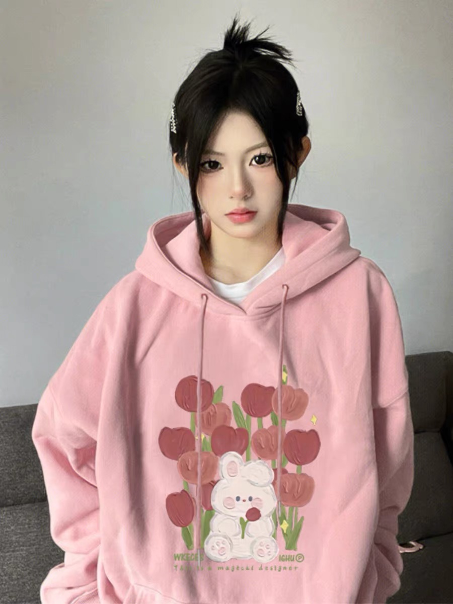 粉色連帽衛衣外套女2023新款春秋美式復古小眾設計感寬鬆薄款上衣