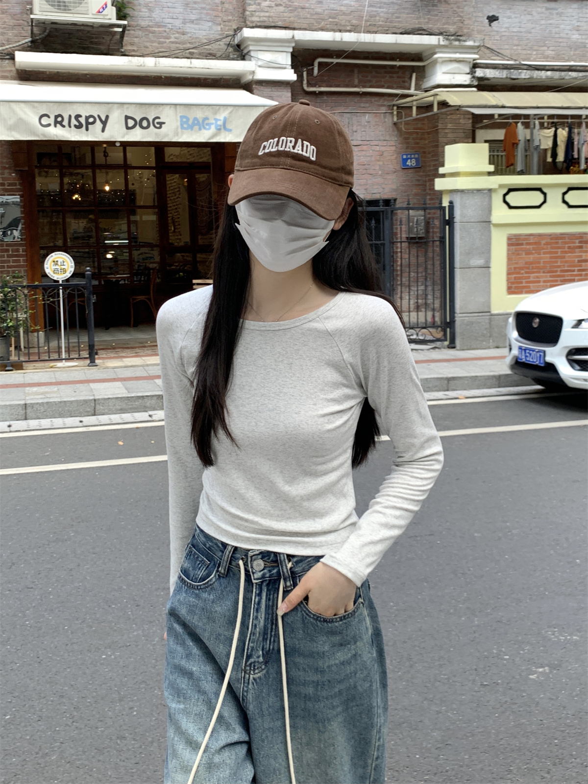 實拍 秋季韓版修身圓領插肩設計感純色內搭長袖打底女T恤上衣
