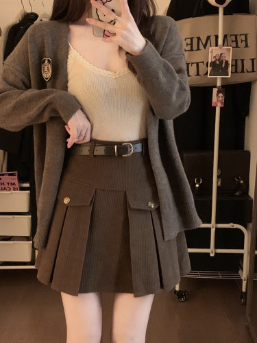 Actual shot ~ Autumn and winter slim A-line pleated skirt corduroy skirt