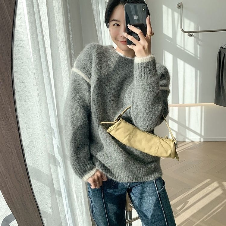 設計感小眾撞色圓領加厚寬鬆溫柔風軟糯毛衣女2023年秋冬新款女裝