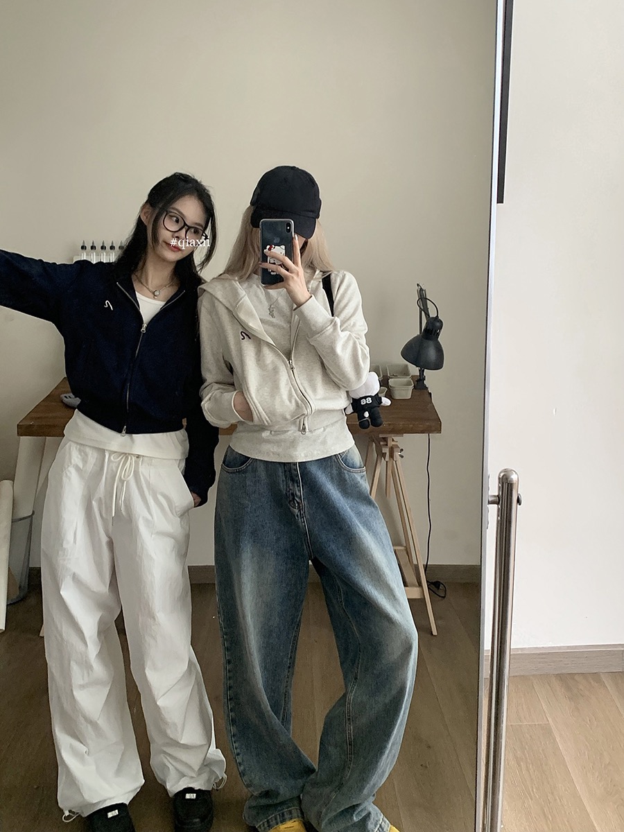 Gray hooded long-sleeved sweatshirt jacket for women autumn Cleanfit design American short zipper cardigan top
