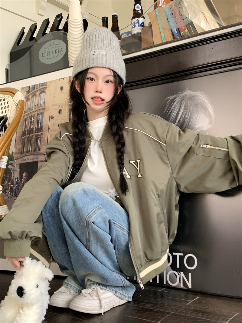 美式字母刺繡棒球服外套女秋季寬鬆休閒夾克顯瘦長袖上衣