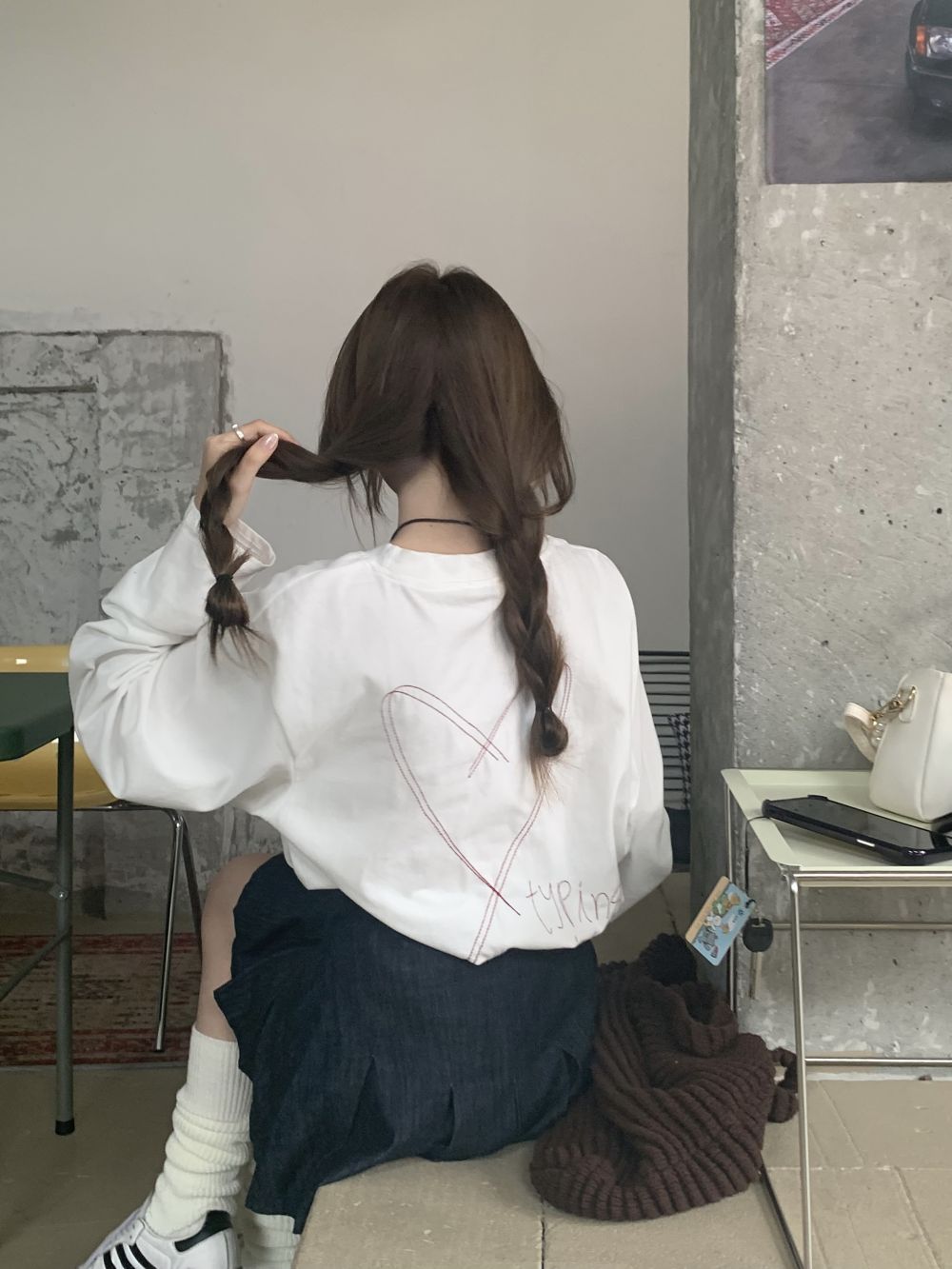 實拍三標齊寬鬆休閒圓領愛心長袖T恤