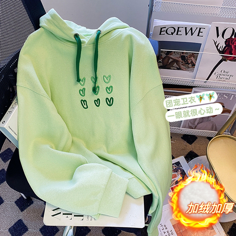 實拍-冬裝華棉複合銀狐絨刺繡愛心連帽衛衣女