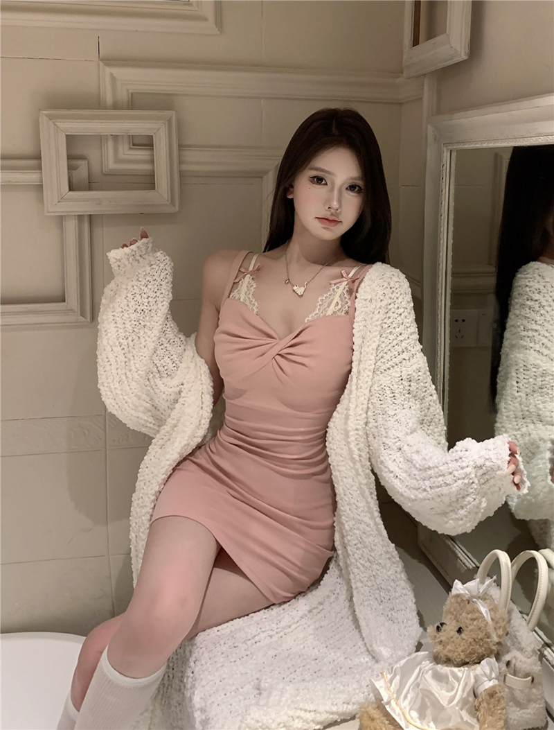 實拍復古性感修身包臀打底吊帶針織連衣裙+毛衣開衫外套女