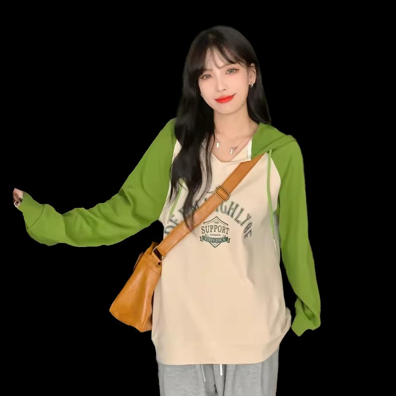 Plus size women's long-sleeved tops autumn letter print casual versatile trendy cool loose contrast color splicing hooded sweatshirt