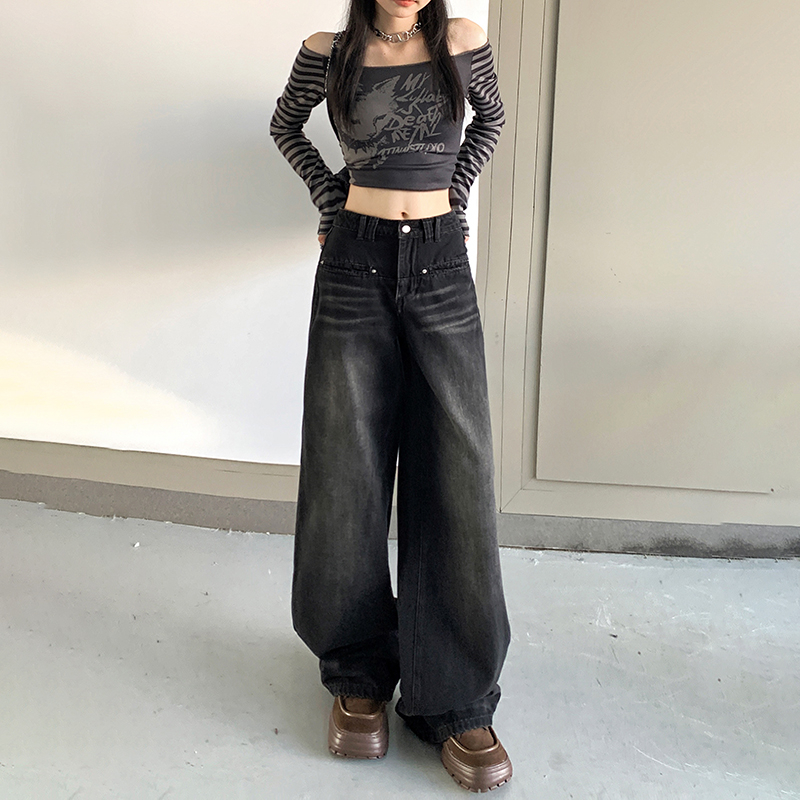 實拍2023秋冬美式復古高腰寬鬆闊腿褲百搭垂感直筒牛仔褲女