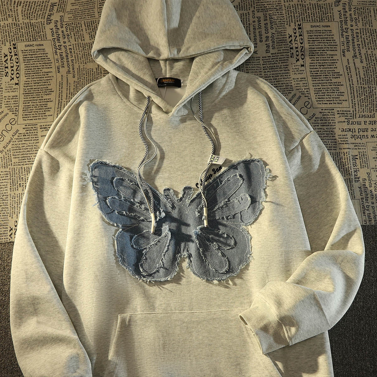 American retro butterfly patch hooded sweatshirt for women autumn and winter ins loose chic Hong Kong style velvet jacket