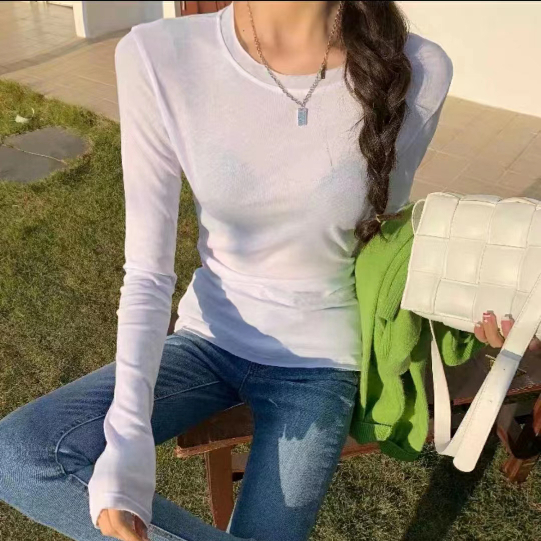 早秋辣妹風針織衫女長袖純色圓領T恤修身套頭打底微透薄款防曬衫
