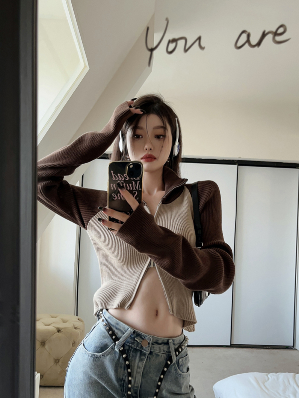 高領撞色雙拉鏈針織開衫女秋冬季美式復古辣妹修身短款長袖上衣潮