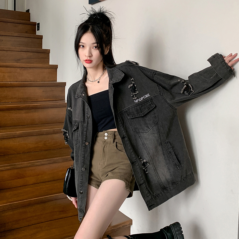 實拍~復古牛仔夾克外套女秋季2023新款寬鬆水洗破洞開衫上衣