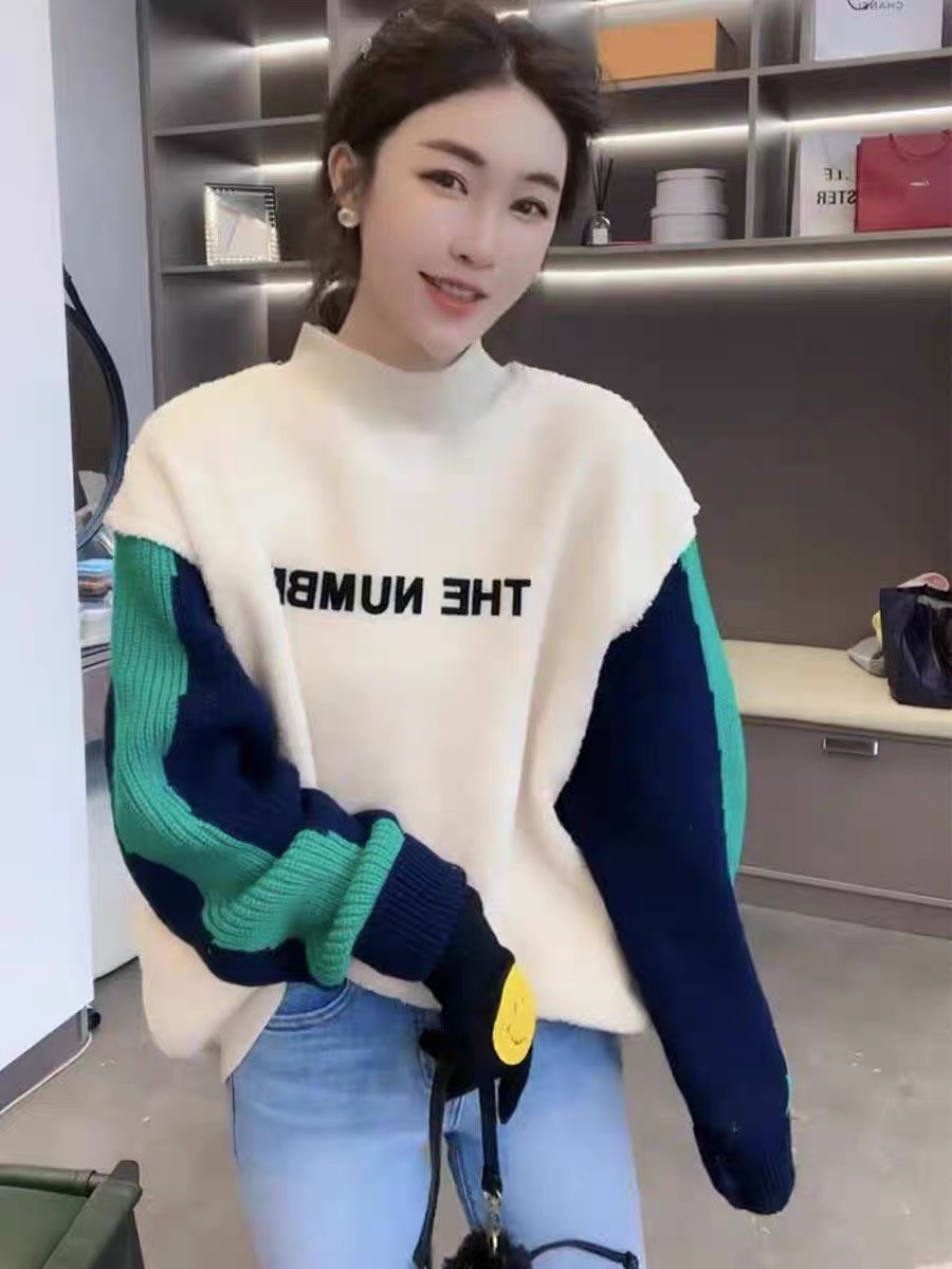 潮牌撞色拼接羊羔毛衛衣女2023秋冬季新款圓領洋氣加厚上衣in