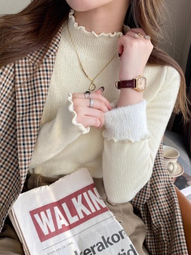 White sweater women's autumn and winter  new inner fungus bottoming shirt plus velvet thickened warm half turtleneck top