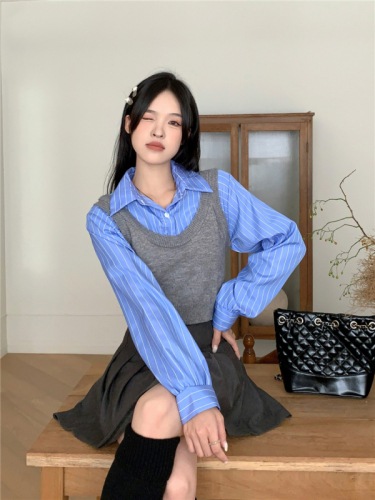 实拍 韩版衬衫马甲拼接设计感假两件显瘦百搭短款衬衫上衣