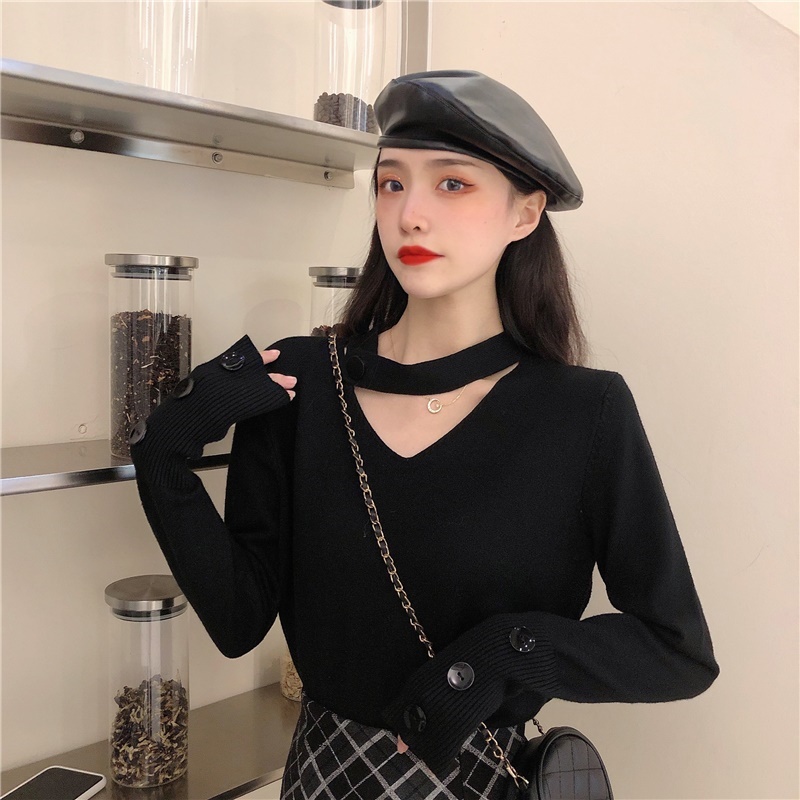 黑色毛衣女設計感小眾打底衫洋氣秋冬小心機性感v領掛脖針織上衣
