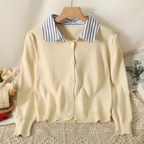 Contrast color fake two-piece Polo collar knitted cardigan for women autumn and winter  new college style long-sleeved short sweater top