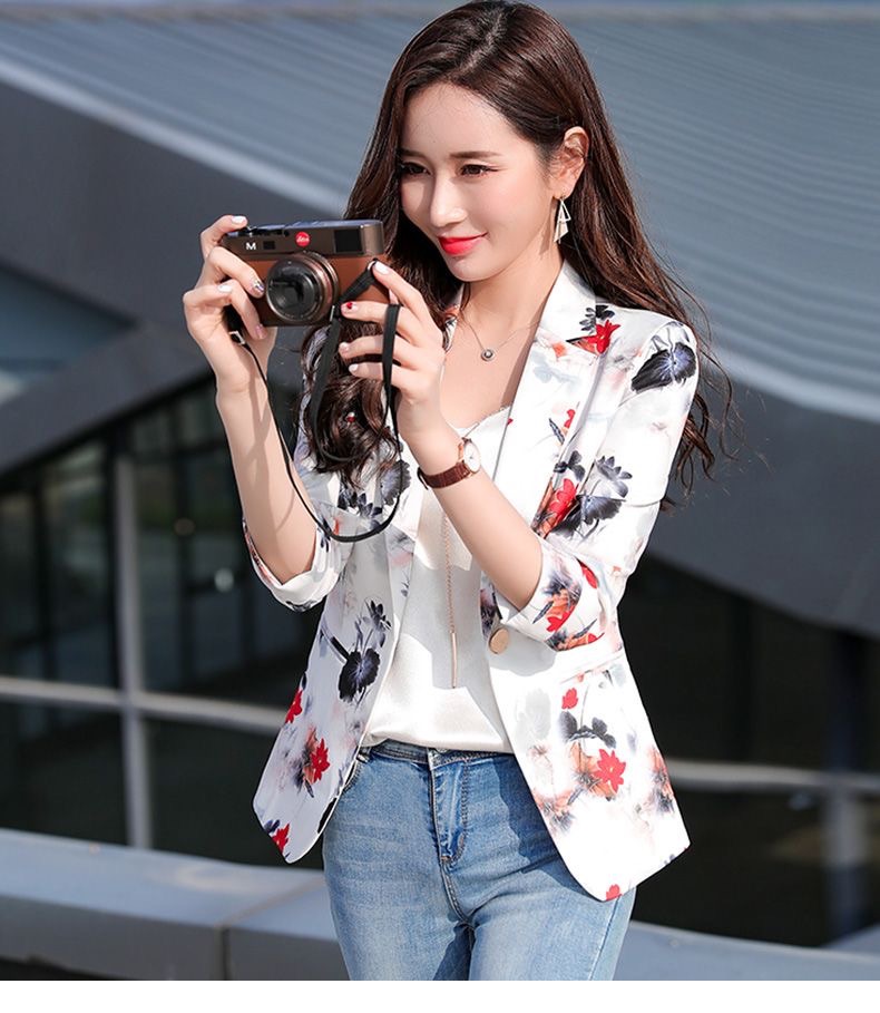 Autumn New Internet Celebrity Printed Small Suit Jacket Women's Fashion Casual One-Button Short Three-quarter Sleeve Suit