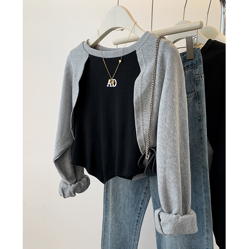 Irregular fake two-piece short raglan sleeve sweatshirt for women autumn spring autumn 2023 new pullover long-sleeved t-shirt top