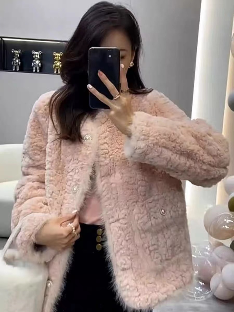 優雅名媛氣質毛毛小香風外套女2023秋冬新款水貂絨皮毛一體羊羔毛