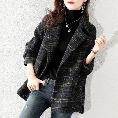格子西裝毛呢外套女2023秋季新款韓版寬鬆復古格紋毛呢大衣中長款