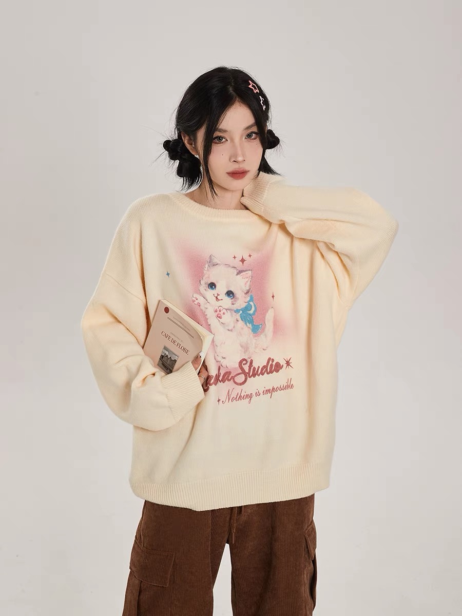 吵吵家 毛衣女秋冬款寬鬆復古貓貓塗鴉設計感小眾慵懶風外套上衣