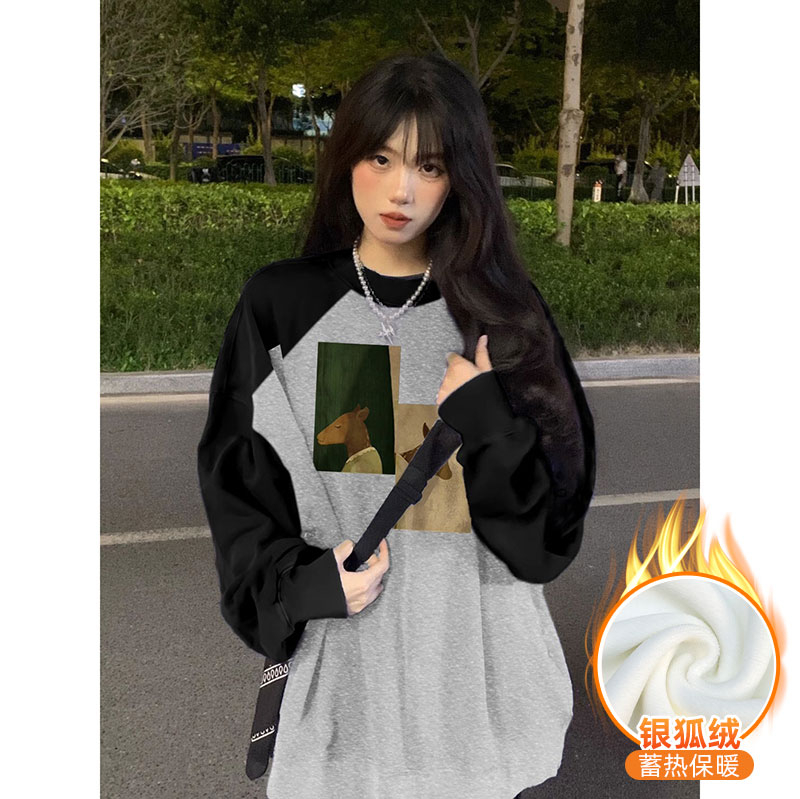 官圖  420克華棉複合銀狐絨 秋冬寬鬆印花插肩衛衣