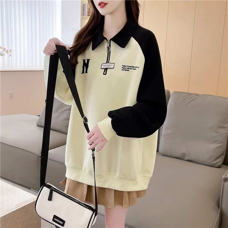 首發仿棉華棉複合不起球春秋薄款Polo領寬鬆百搭拉鏈衛衣女上衣潮