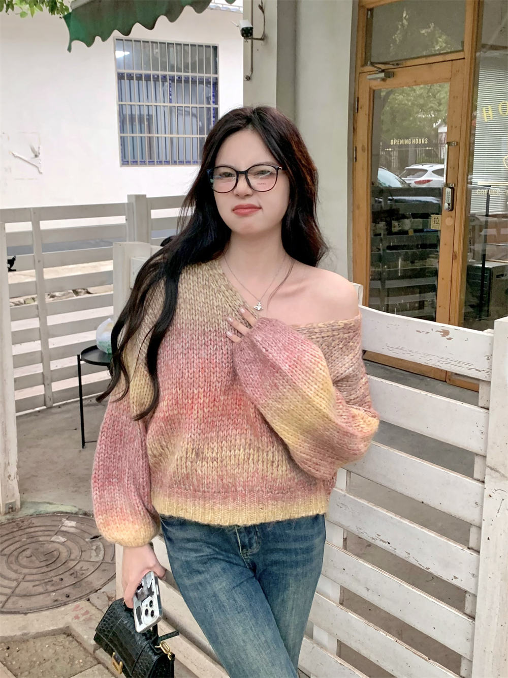 實拍漸變色v領長袖毛衣女秋季慵懶風寬鬆彩色上衣