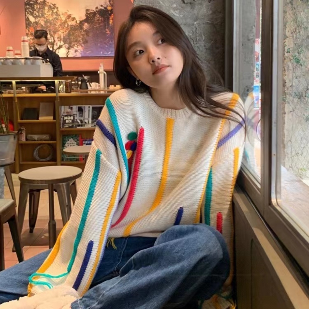 2023 new autumn and winter colorful striped fringed knitted sweater for women oversize lazy style long-sleeved loose top