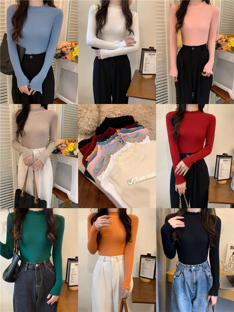 Real shot of autumn and winter fungus half turtleneck versatile solid color slim bottoming shirt top long-sleeved sweater