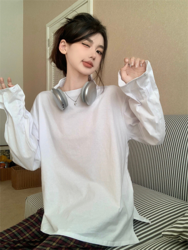 Real shot of new autumn and winter brushed fleece thickened bud sleeves chic T-shirt with long-sleeved bottoming shirt