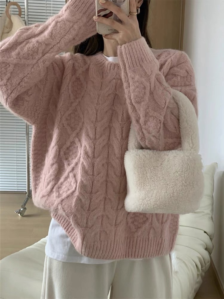 粉色麻花套頭毛衣女2023新款秋冬韓版軟糯慵懶風寬鬆加厚針織上衣