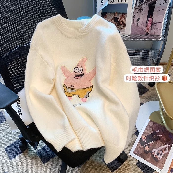 高品大版加厚冬季提花刺繡趣味卡通寬鬆毛衣外穿百搭針織