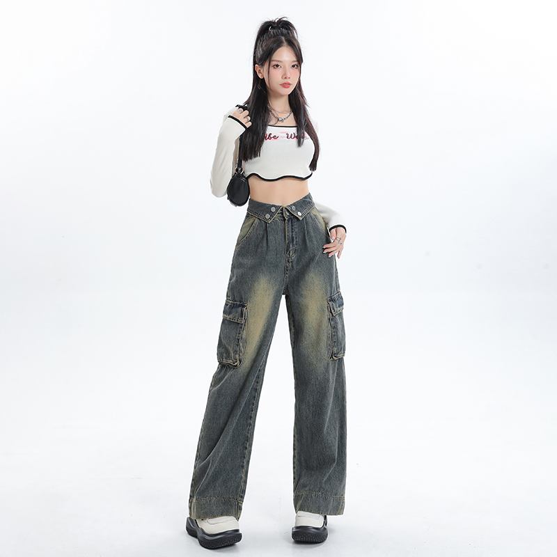 實拍2023秋季時尚美式翻邊美拉德工裝闊腿直筒牛仔褲女