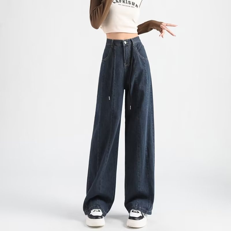 American retro denim long pants spring, autumn and winter 2023 new high waist women's casual wide leg straight